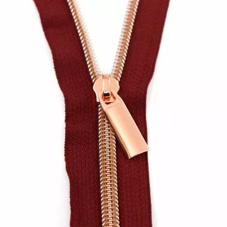 #5 Zippers by the Yard Burgundy Tape Rose Gold Coil 3 Yard Zipper 9 Pulls