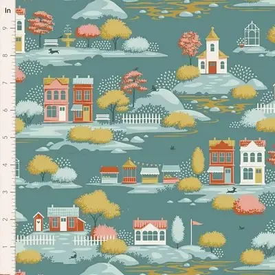 Cotton Fabric, 44″ Wide, Village Life- Village Teal by Tilda
